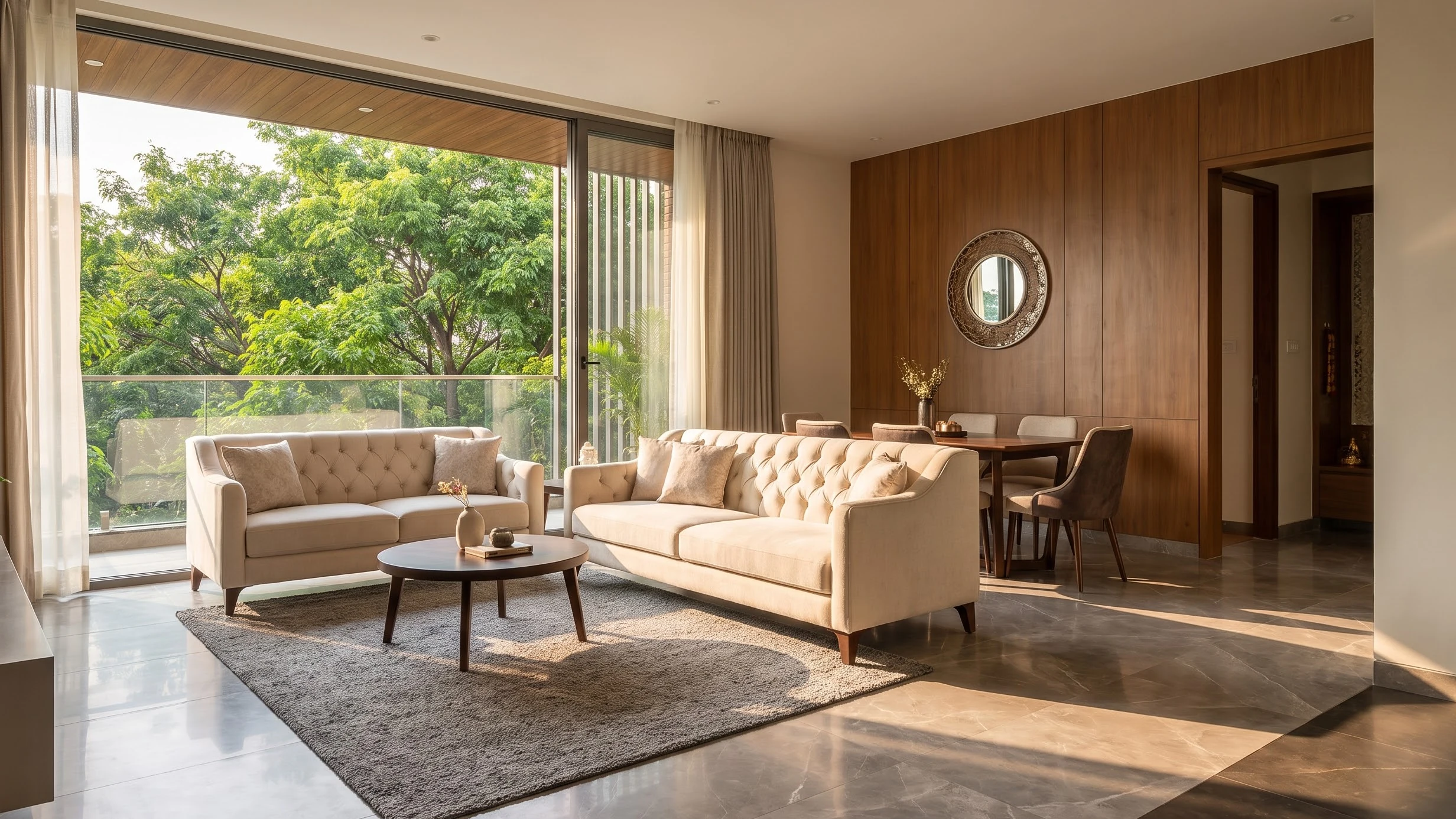 A bright living room with cream tufted sofas, a round coffee table, a wood-panelled wall and floor-to-ceiling glazing