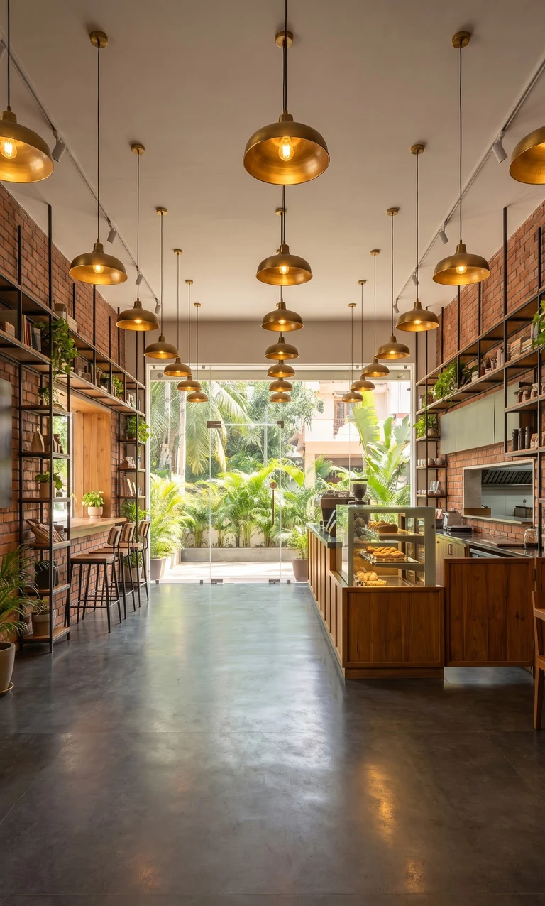 A café interior with a long counter