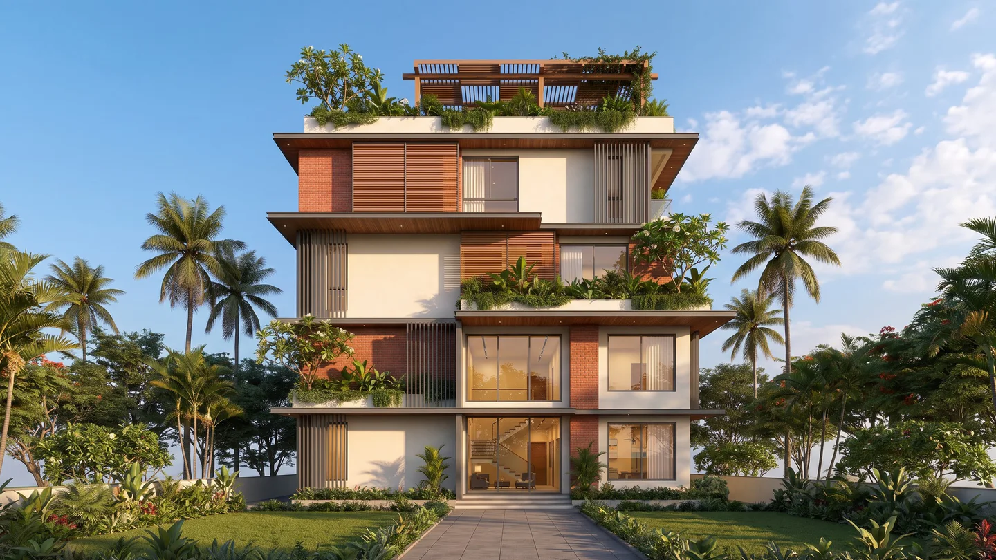 A four-storey family home with brick and teak fins, terrace gardens on every level and a stone path to the door
