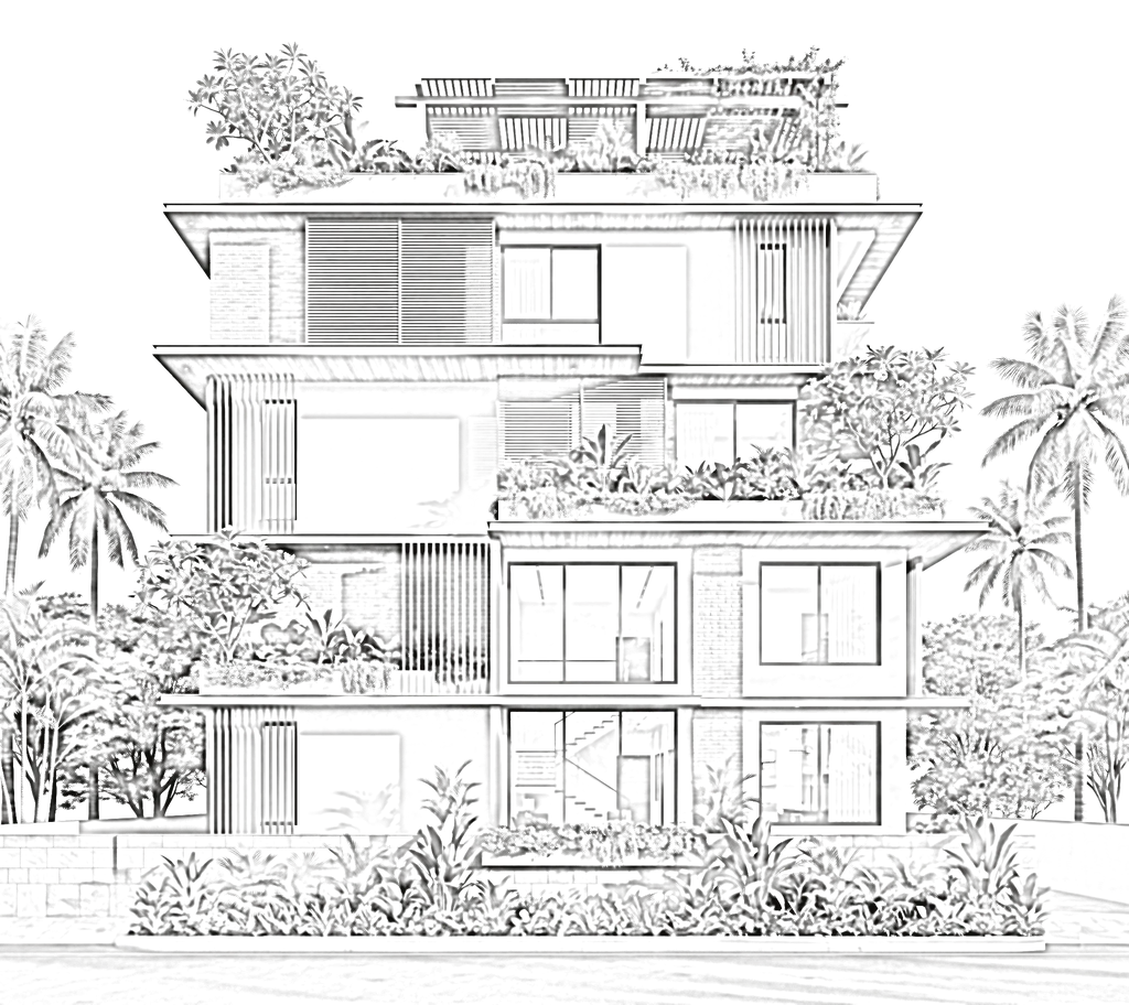 Pencil elevation of a three-storey home