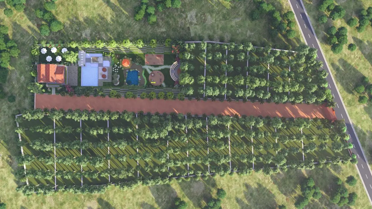 3D design image from above: a straight avenue with planted farm plots on both sides and an amenity strip at one end
