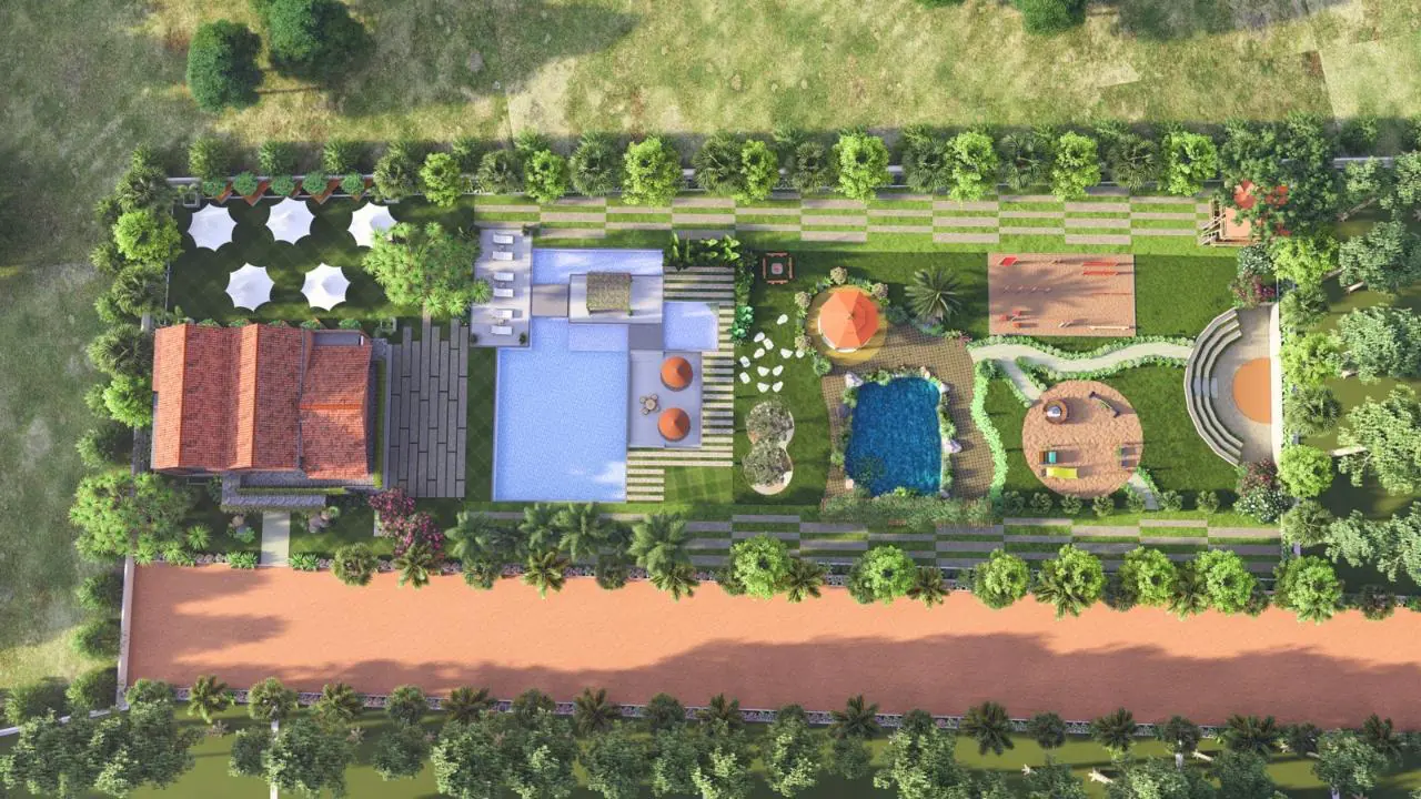 3D design image from above: the clubhouse, pool, pond, lawns and an amphitheatre set side by side along the avenue