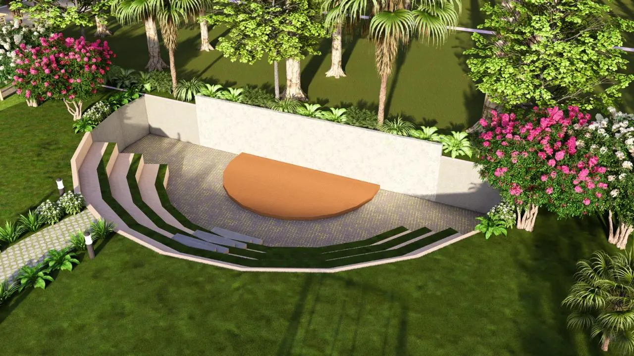 3D design image: a small curved amphitheatre of stepped seating set into a lawn