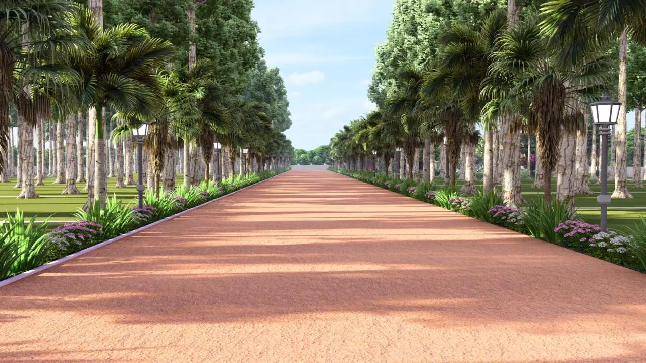 3D design image: a wide red avenue lined with palms and tall trees