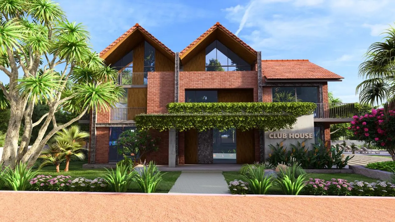 3D design image: a two-gabled brick clubhouse with tiled roofs and a planted entrance