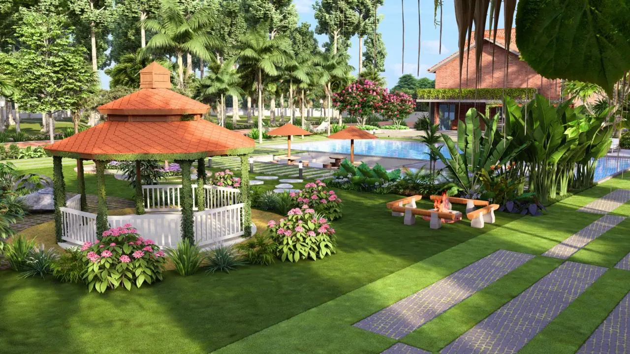 3D design image: a tiled-roof gazebo on a lawn beside a fire pit with benches