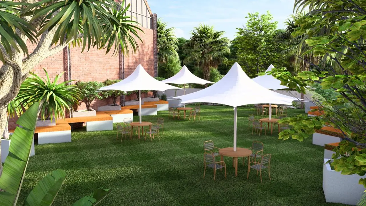 3D design image: a lawn with white canopy tents, tables and chairs