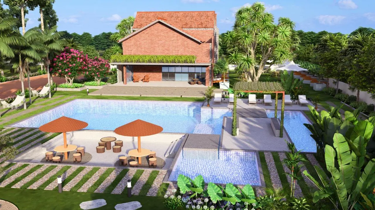 3D design image: a brick clubhouse behind a swimming pool with a deck, thatched umbrellas and stepping-stone paths