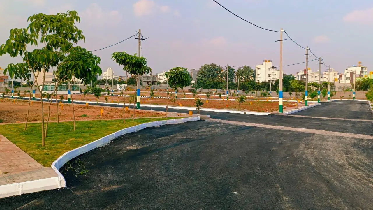A finished layout road: fresh asphalt, painted kerbs, a paved footpath corner and young trees on the lawn beside it