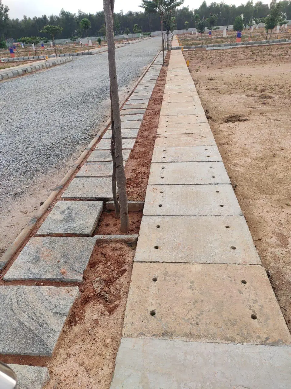 A footpath of precast slabs beside a stone road bed, with square pits left open for trees
