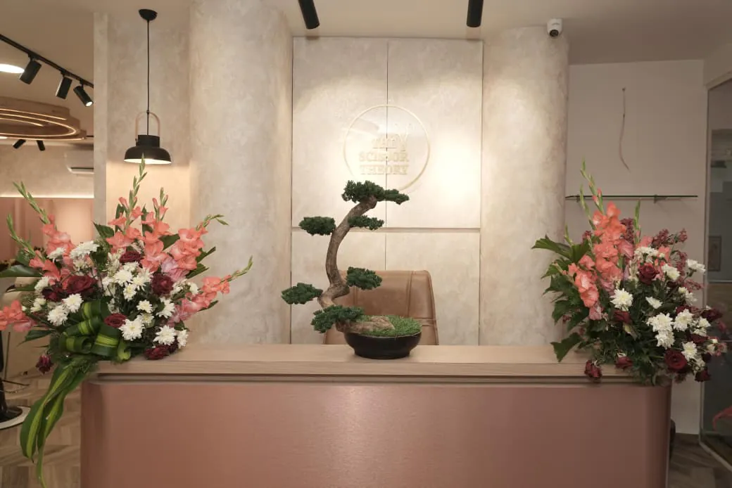 Salon reception: a curved blush-pink desk in front of a cream textured wall that carries the salon sign in gold