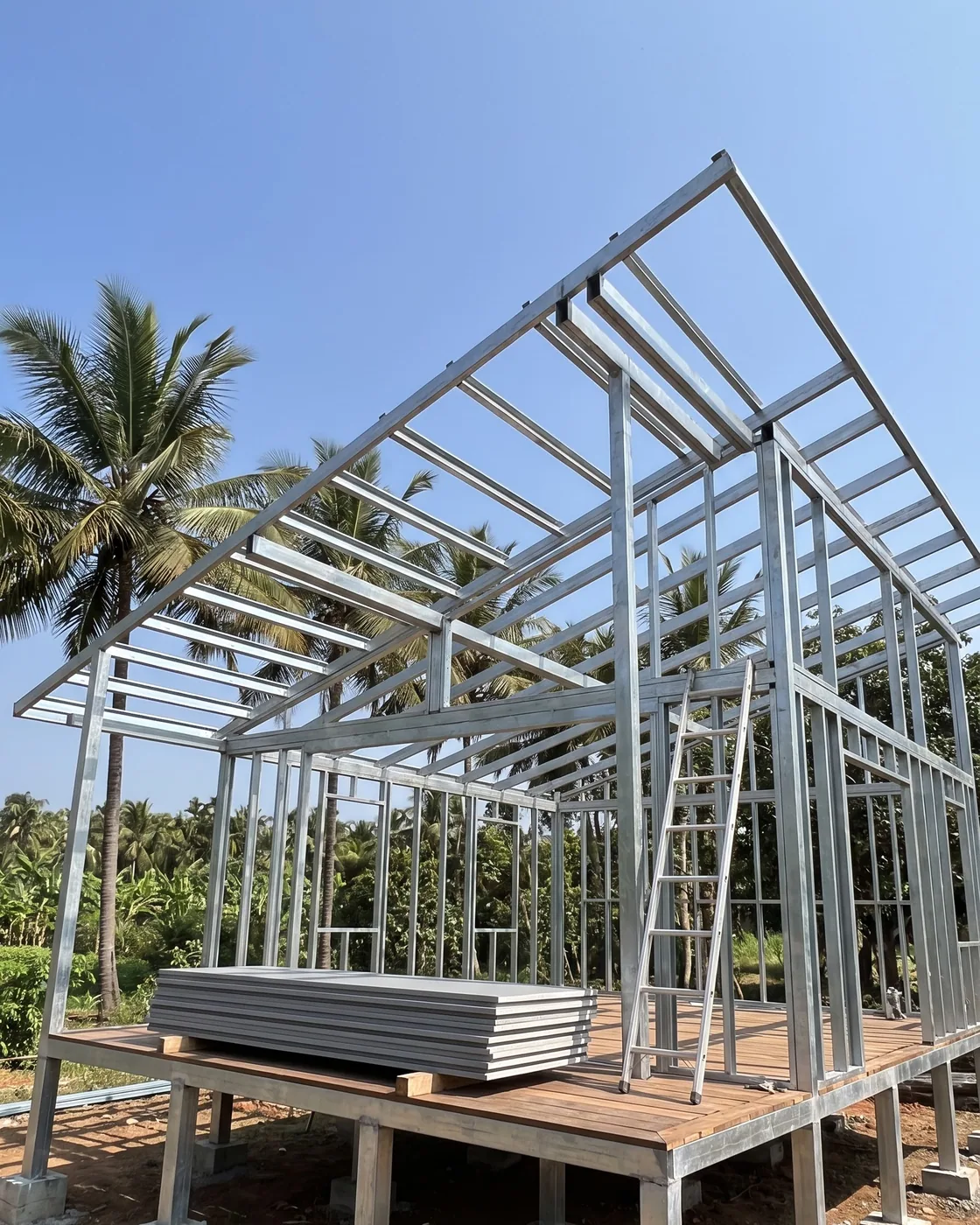 The steel frame of a cabin with a sloped roof standing on its pedestals, wall panels stacked on the deck