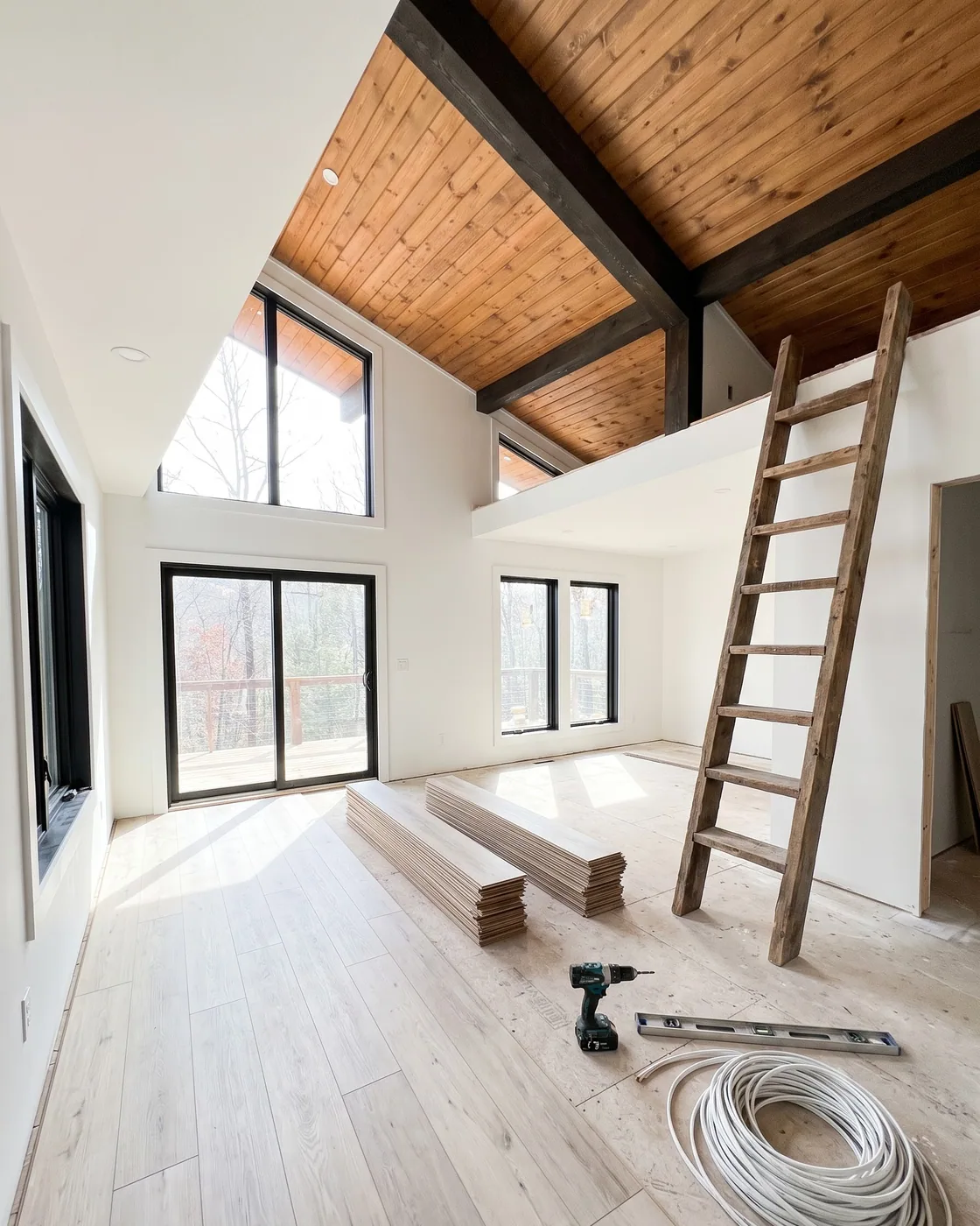 Inside the cabin: a timber ceiling, white walls, a ladder to the loft and a coil of cable on the new floor