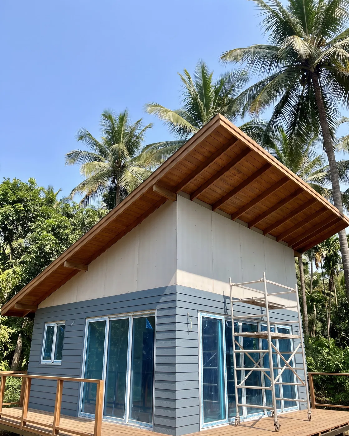 The cabin with its roof, cladding, windows and sliding doors in, a scaffold tower still beside it