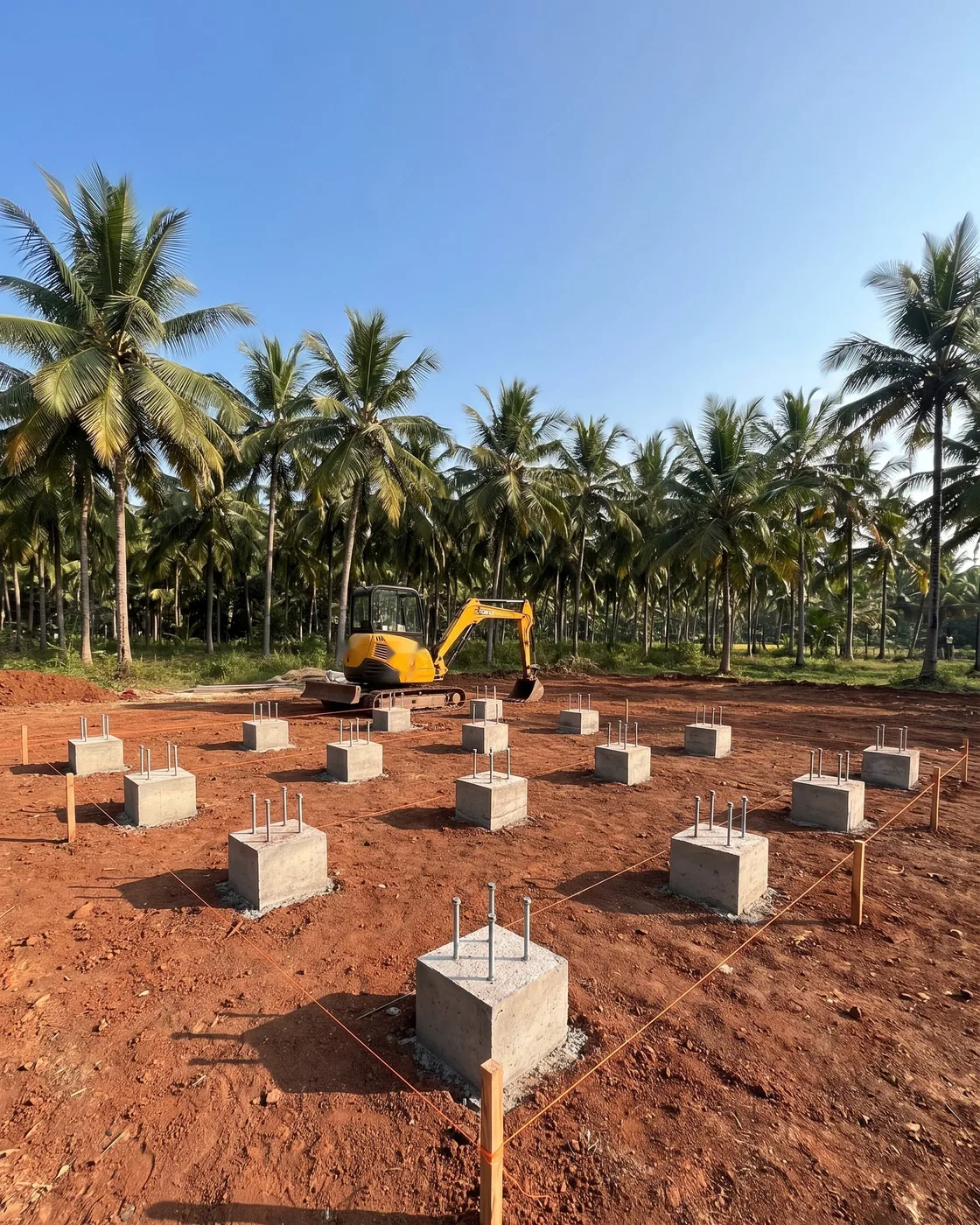 Concrete pedestals with anchor bolts set out on red earth in a coconut grove, a small excavator behind