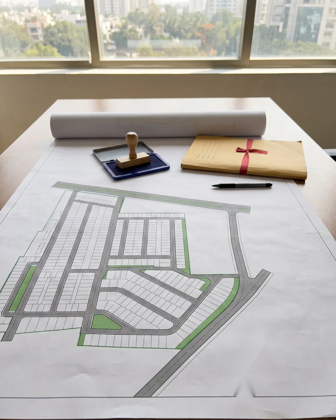 A layout plan on a desk by a window, with a rubber stamp, an ink pad and a tied file