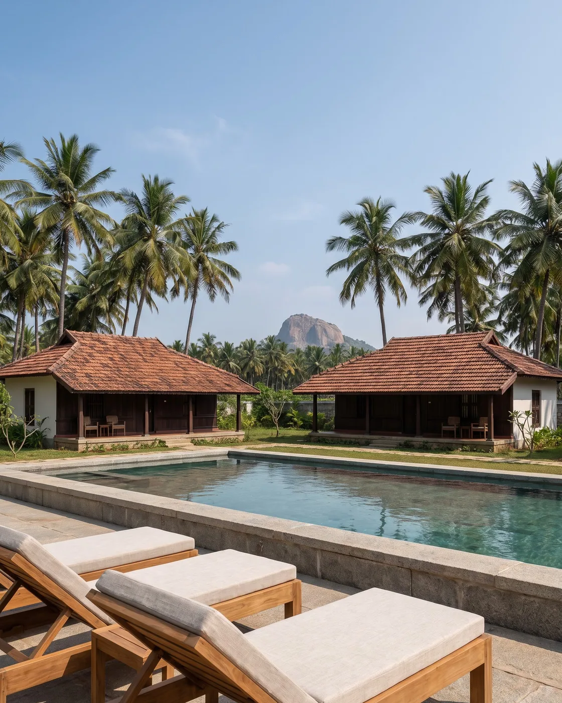 Tile-roofed cottages beside a pool among coconut palms, with loungers on a stone deck