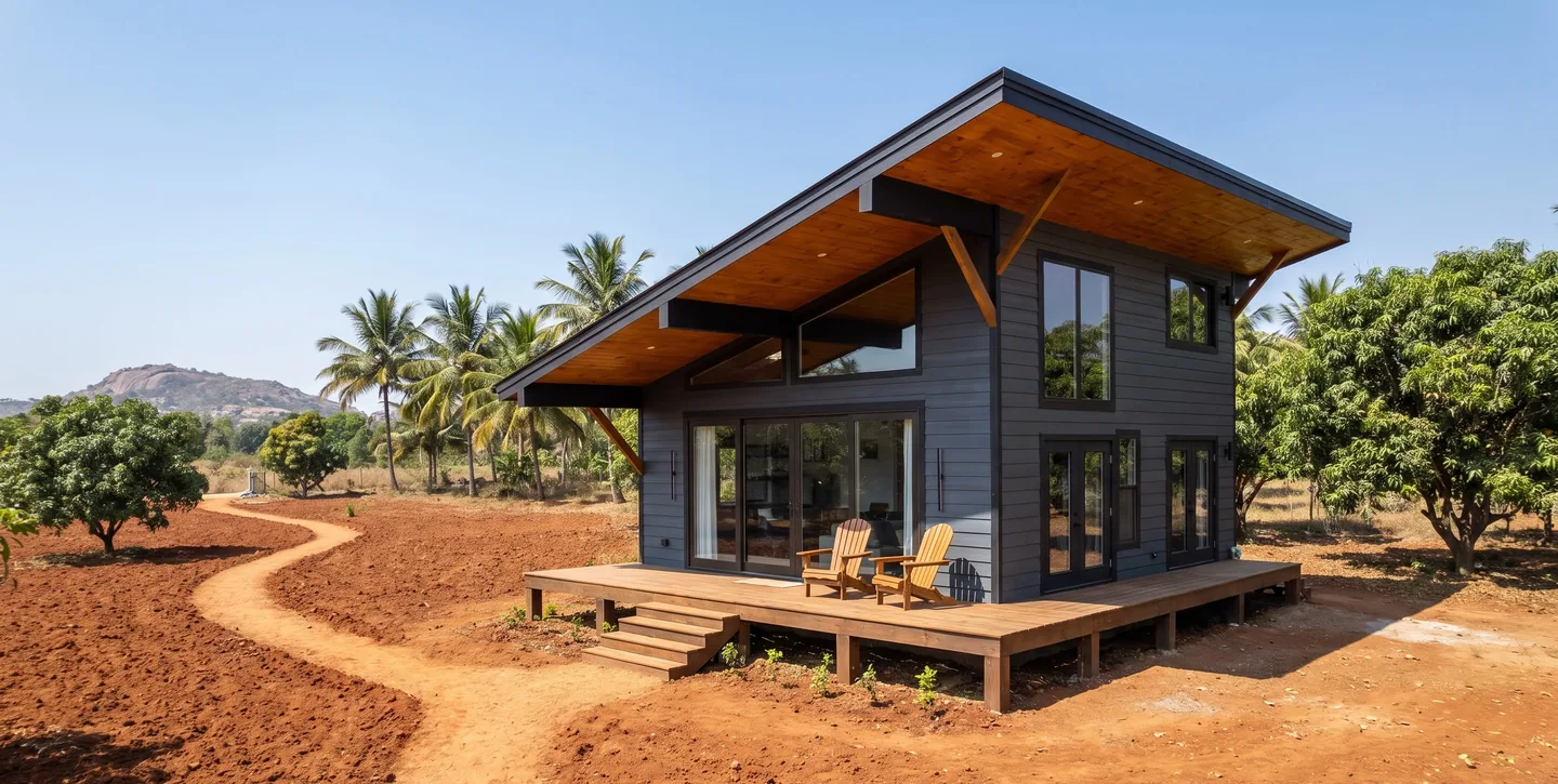 A raised cabin with a sloped timber roof, tall windows and a deck, on red earth among mango trees and coconut palms, a path leading to it