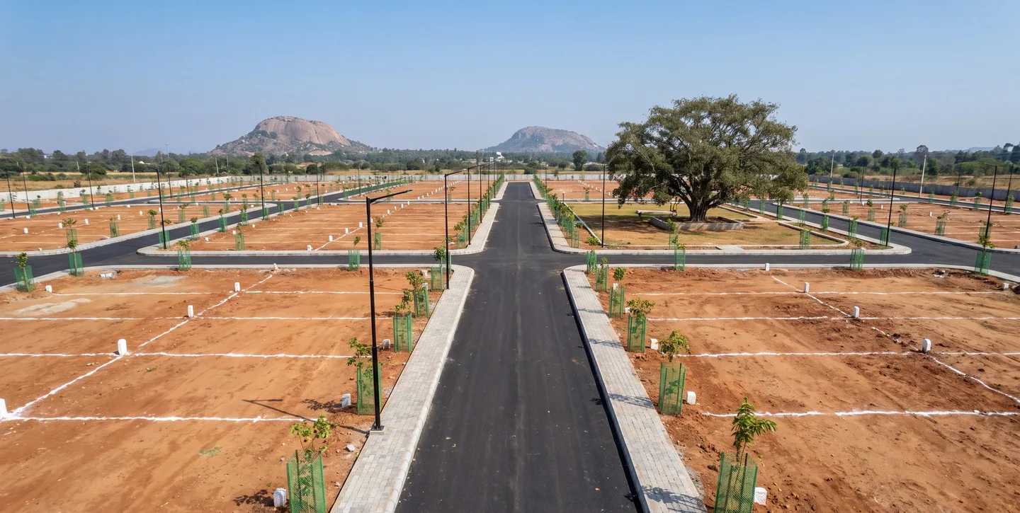 A plotted land development seen from above: a new road with footpaths, marked plots on red earth, young avenue trees, a park with a large tree and granite hills beyond