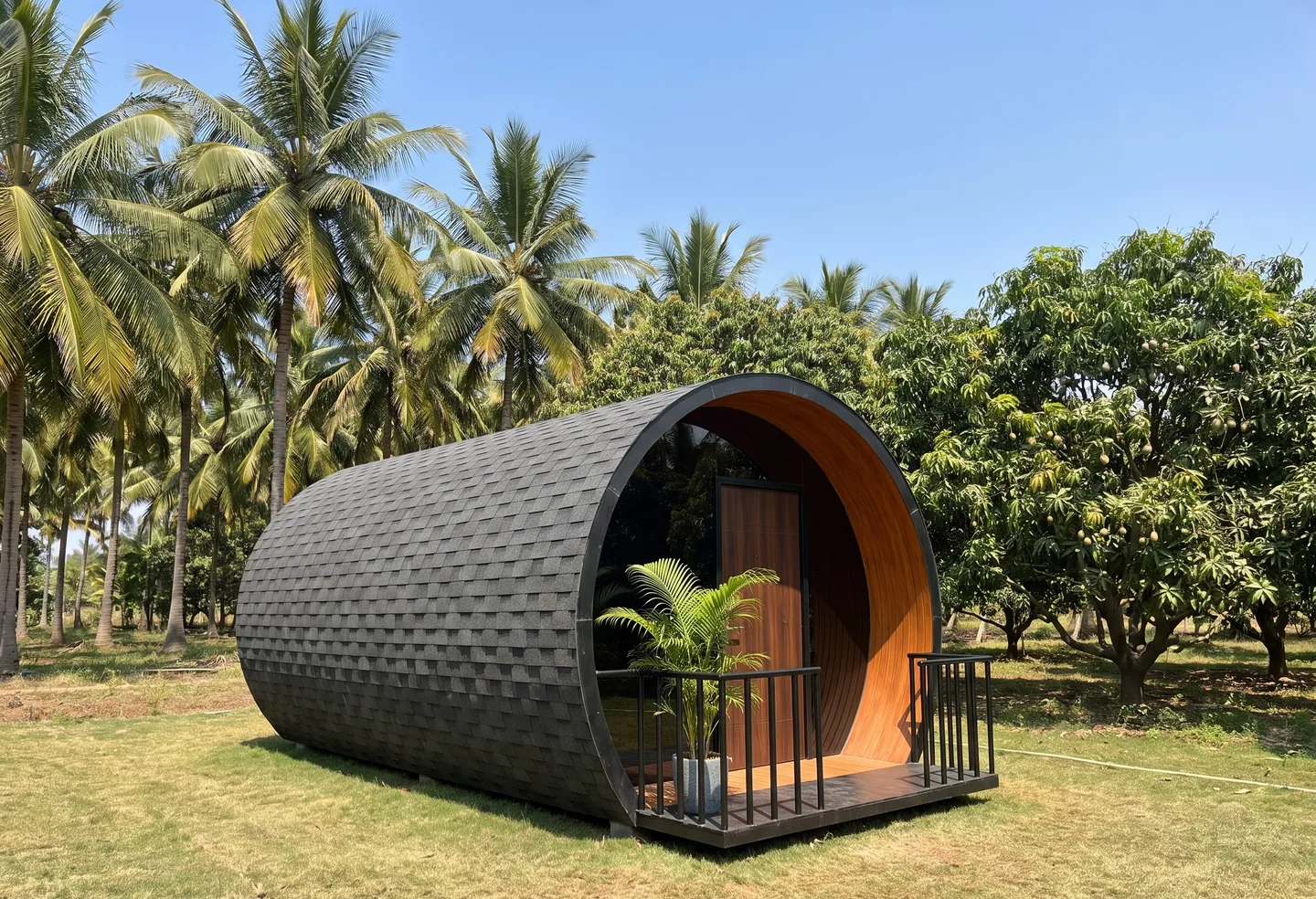 A rounded, tunnel-shaped studio cabin clad in dark shingles with a recessed entrance