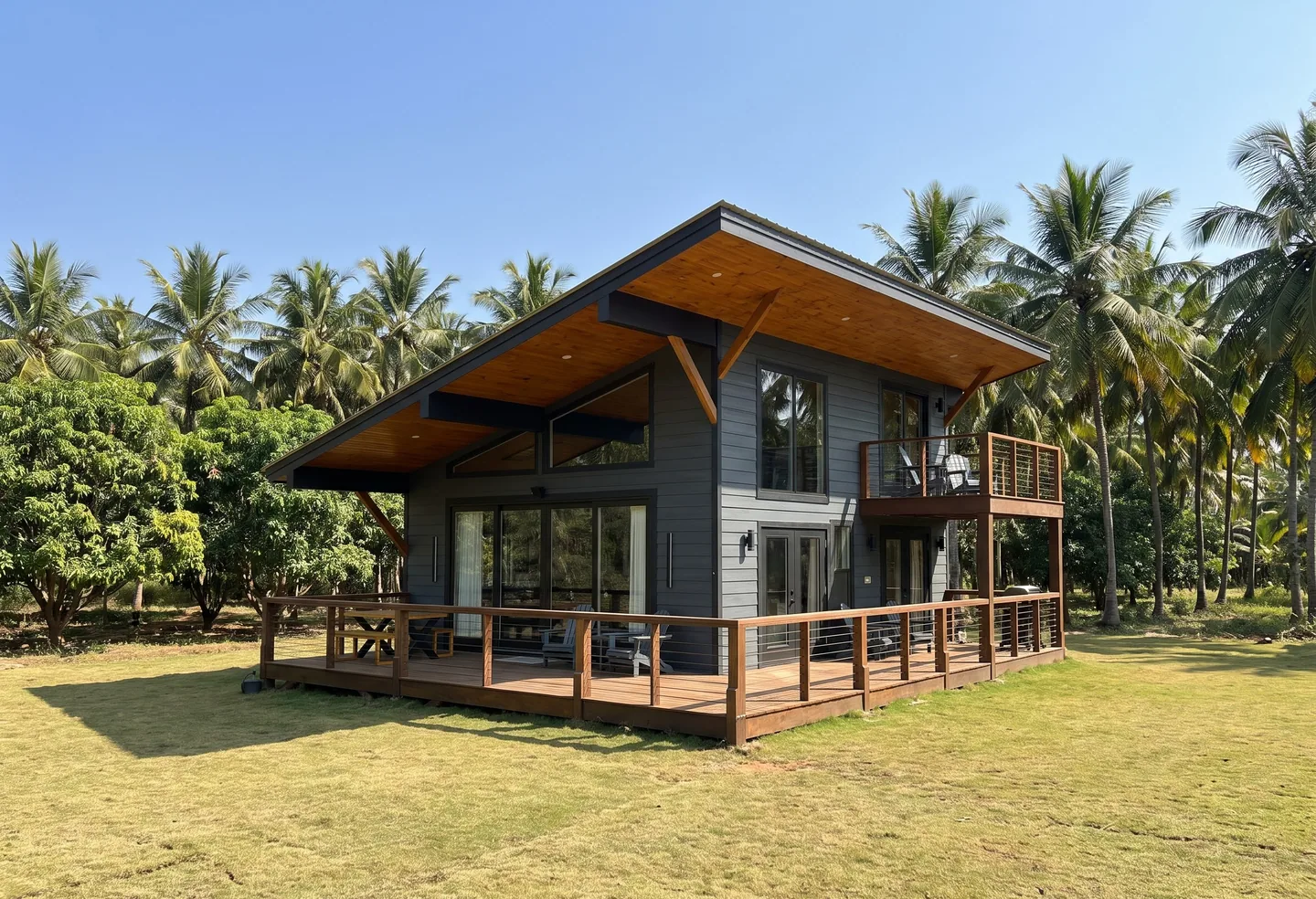 A raised cabin with a sloped roof, tall windows and a timber deck wrapped around it