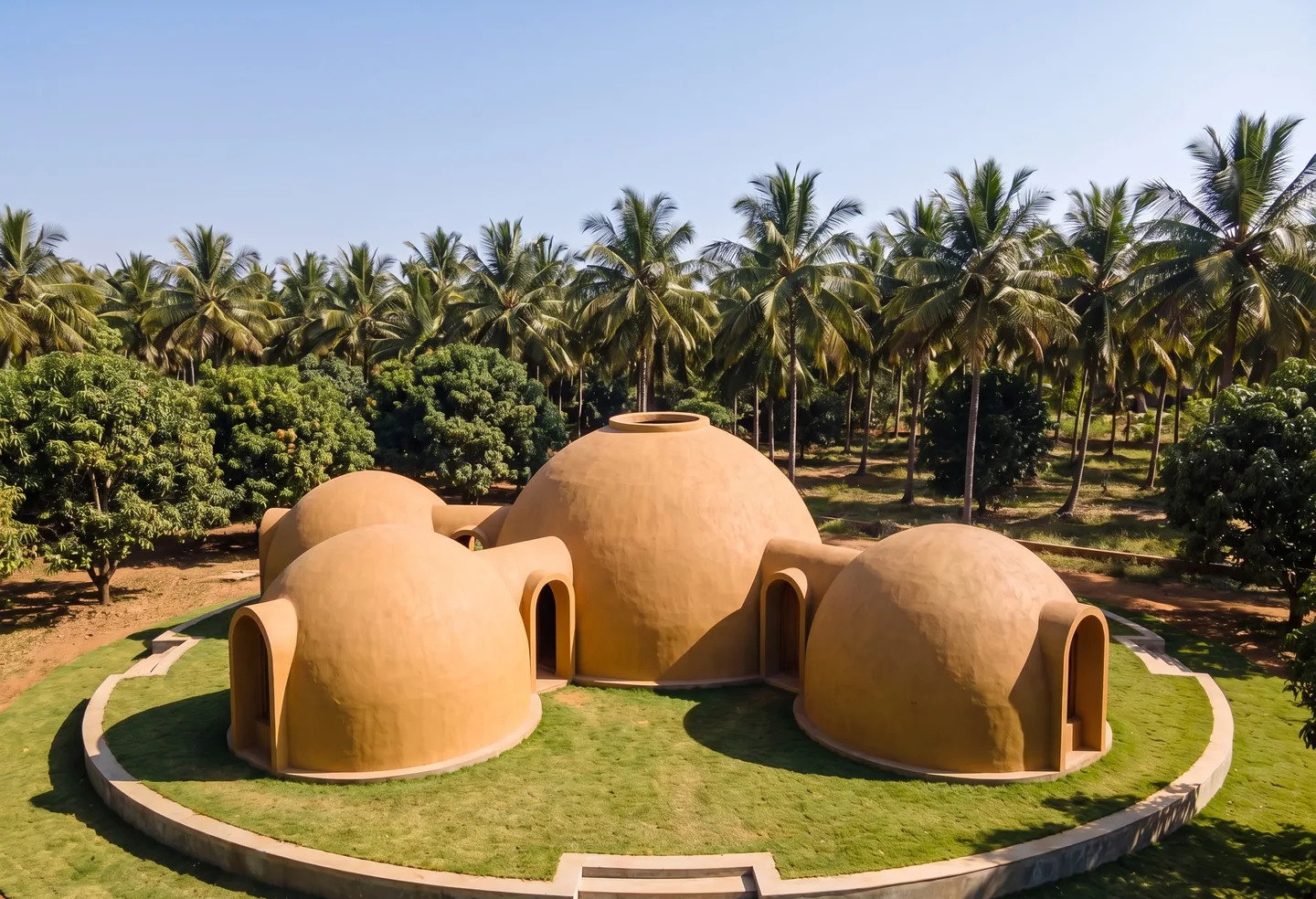 A home made of four earthen domes, three small ones joined to a large central dome, seen from above
