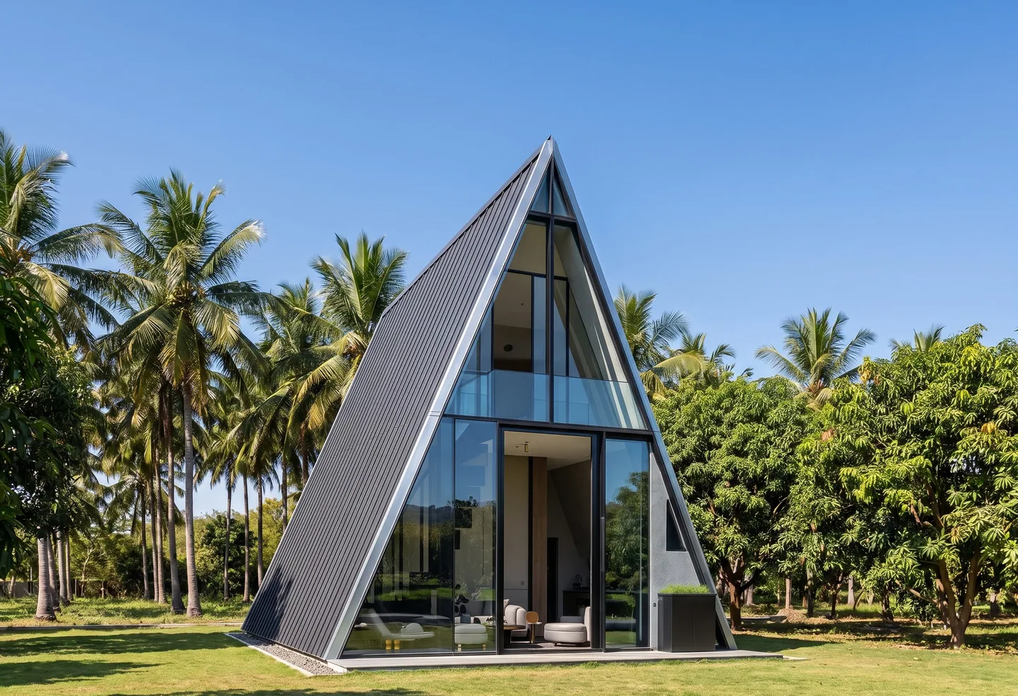 A tall A-frame cottage with a full-height glass front and a small deck