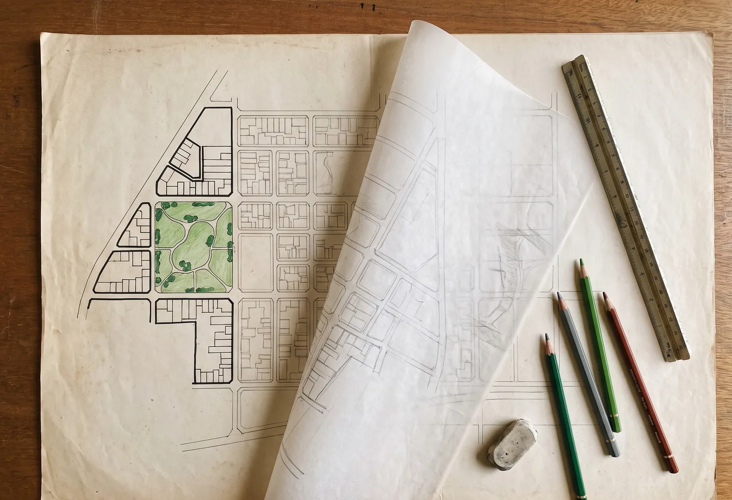 A layout drawing of plots, roads and a park on a desk, with tracing paper, a scale and pencils