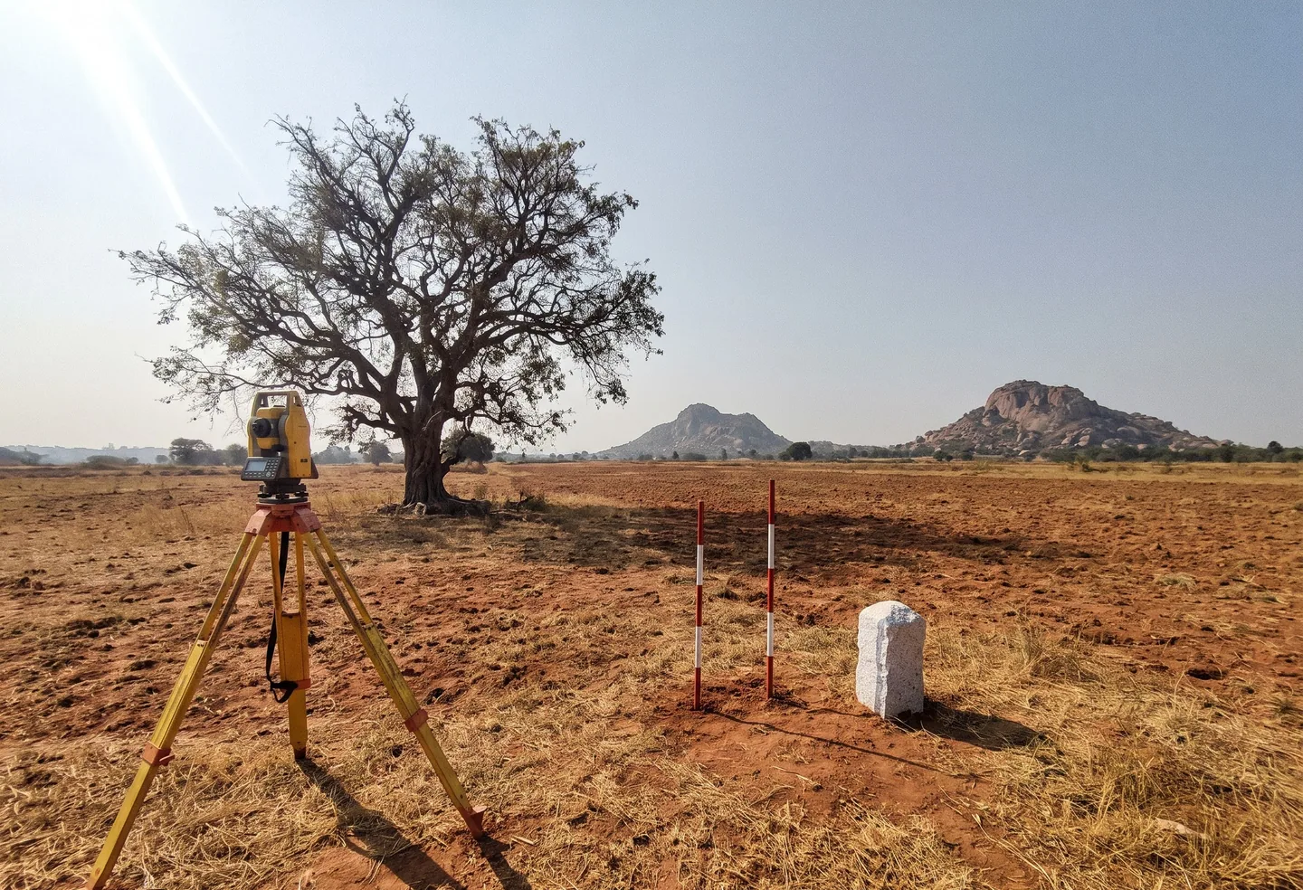 A survey instrument on its tripod on open land, a ranging rod and a boundary stone beside a large tree