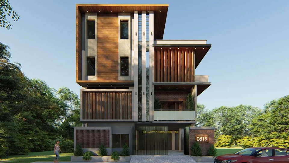 Elevation of a three-storey home designed by Chan Constructions: timber-clad upper floors over a brick and stone ground floor