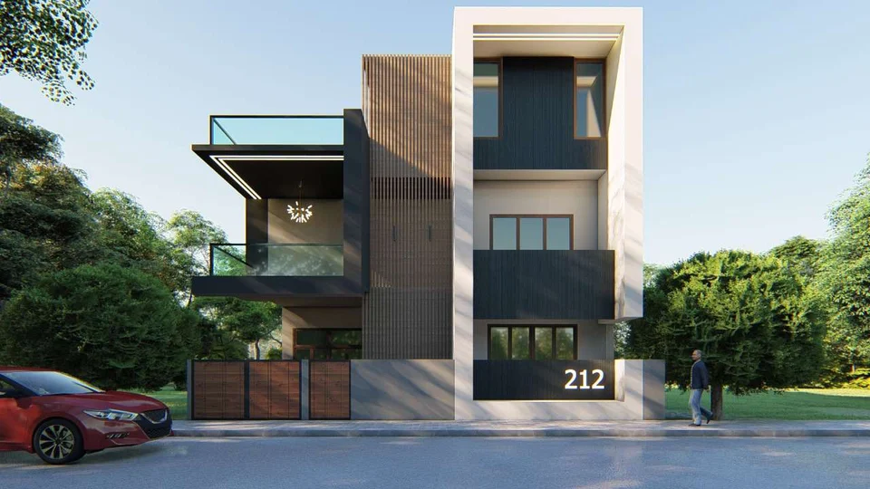 Elevation of a three-storey home designed by Chan Constructions: white frame, dark balconies and a timber screen
