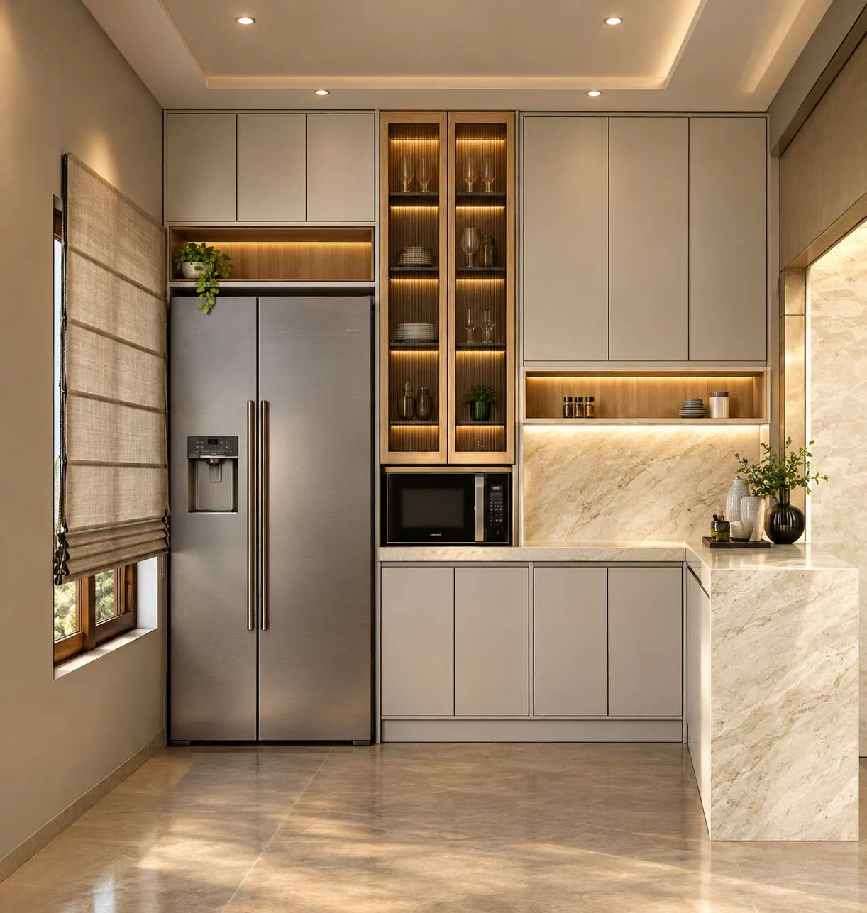 A modular kitchen with tall units, a long counter and under-cabinet lights