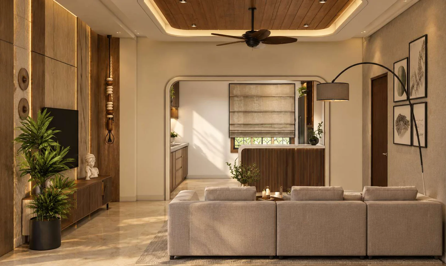 Penthouse living room with deep sofas, a wood-panelled wall and warm cove lighting