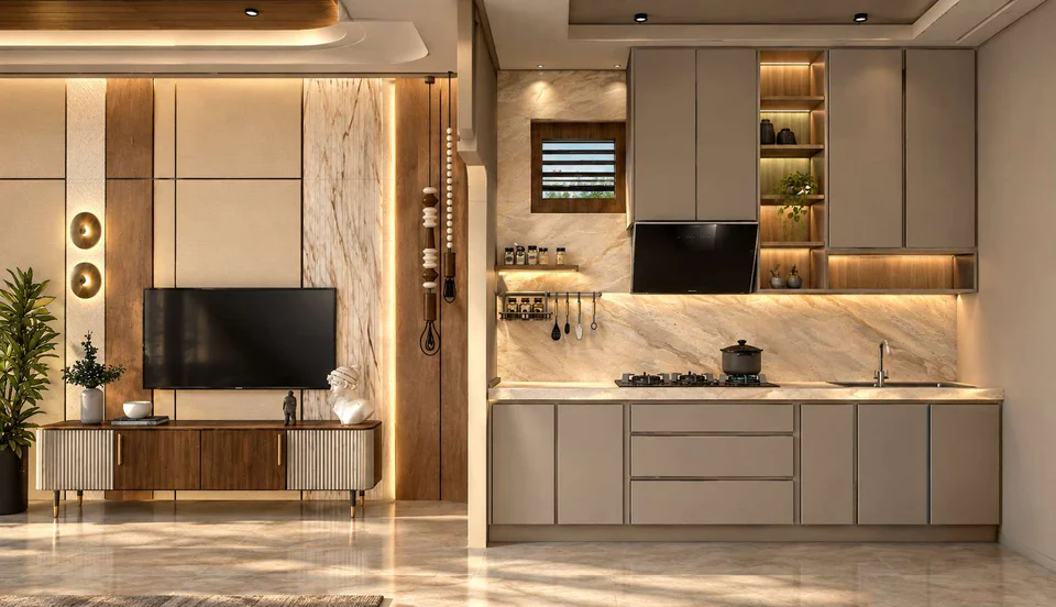 Living room TV wall flowing into a grey kitchen with a stone backsplash