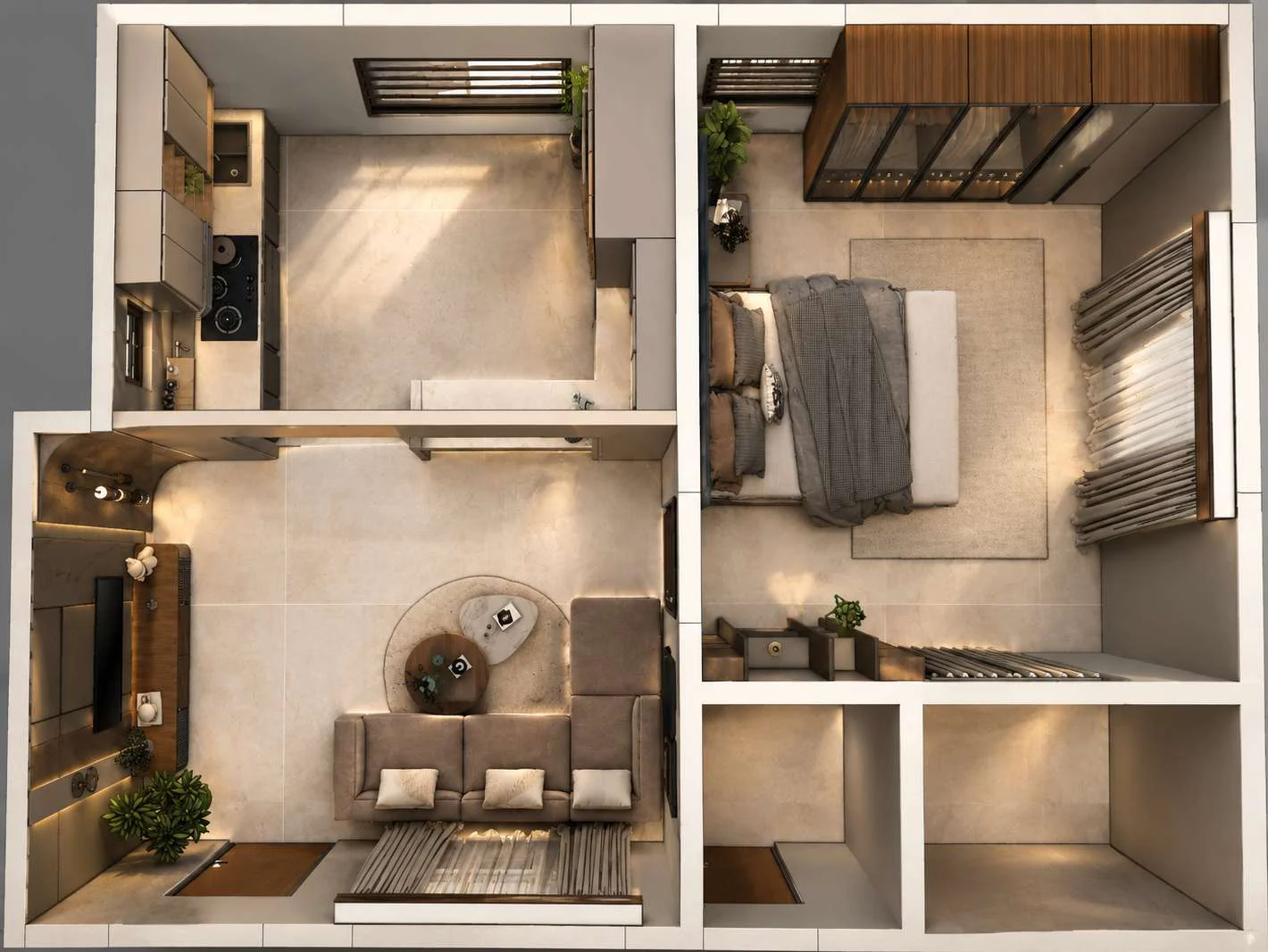 A furnished floor plan in 3D, seen from above, the kind of drawing you sign off before anything is built