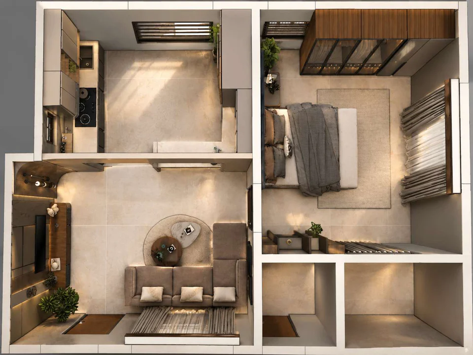 Furnished floor plan drawn by Chan Constructions, seen from above: living room, kitchen and bedroom