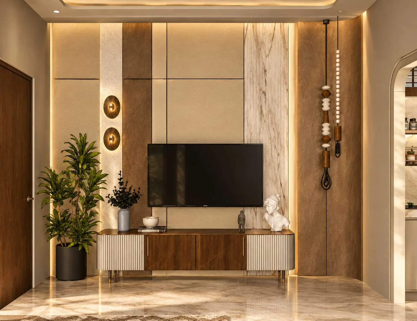 A panelled TV wall with built-in storage and concealed lighting