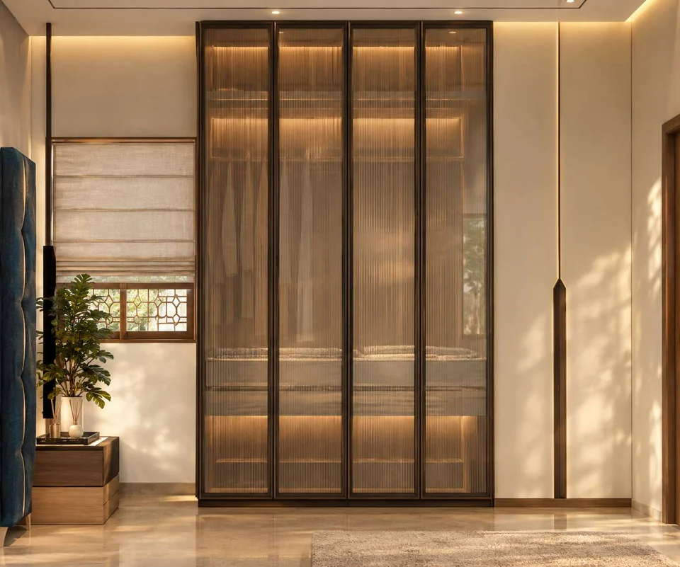 Floor-to-ceiling wardrobe with bronze-framed fluted glass doors lit from inside